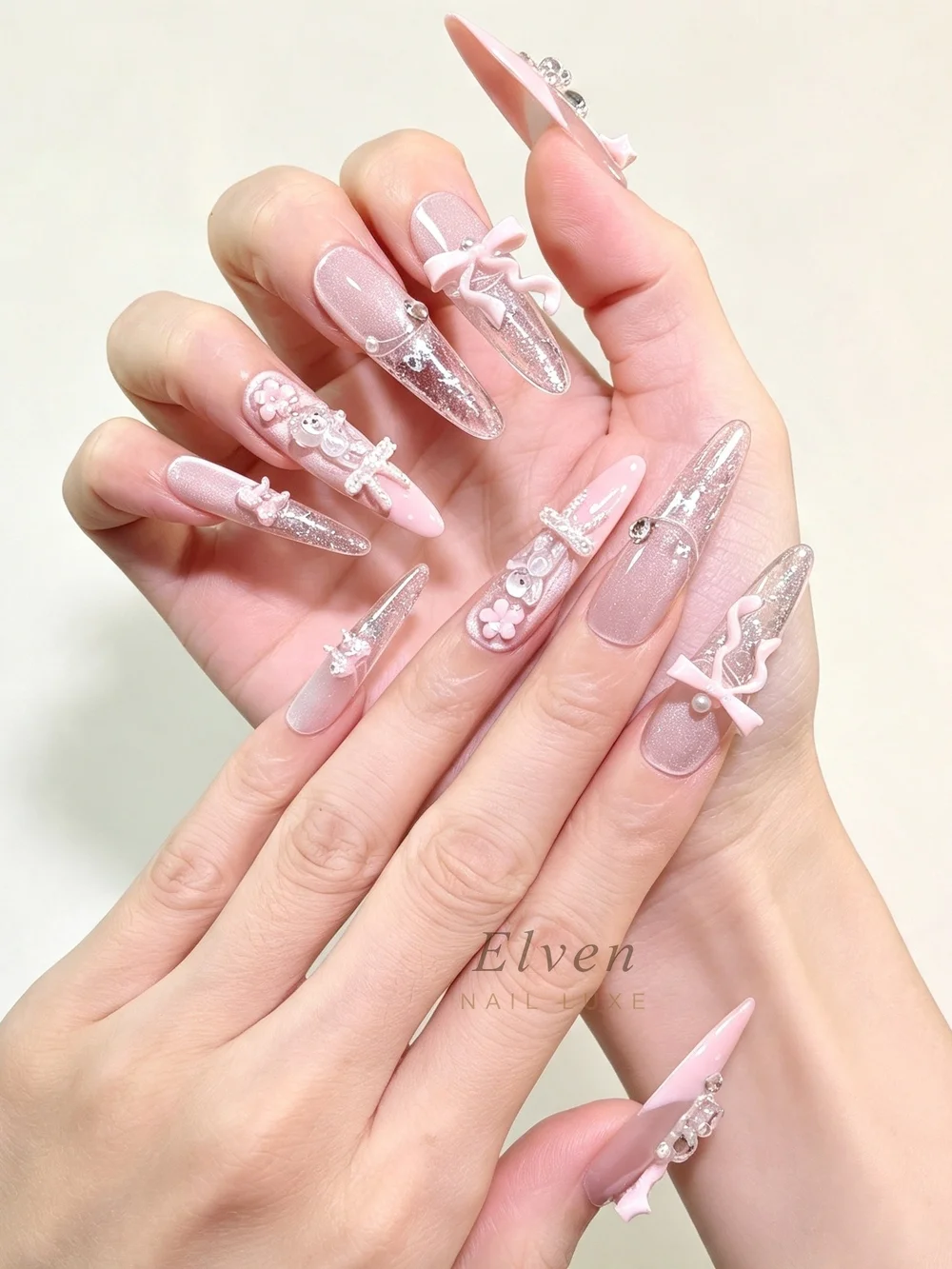 Cute Coquette Pink Glitter Long Almond Press On Nails With 3D Bow Bear Charms